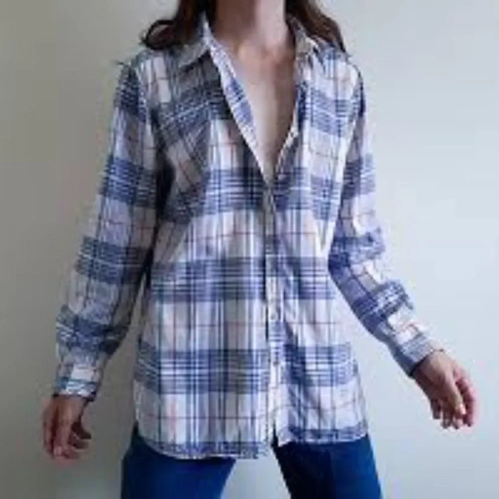 Talbots Womens Size L White/Pink/Blue Plaid Button-Up Shirt